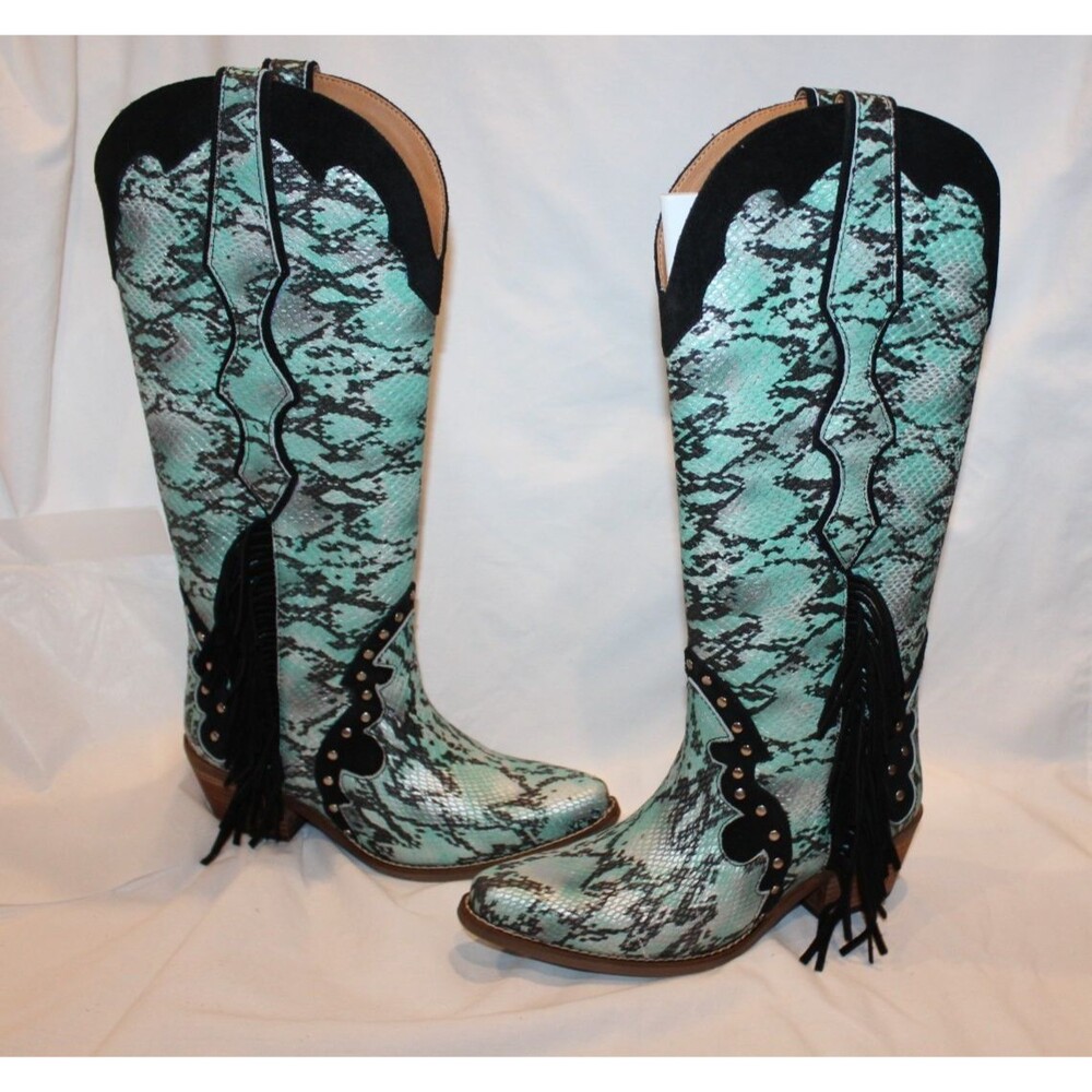 Dingo Women's Python Suede Fringe Western Cowboy Boots NWOB 7 Turquoise Black